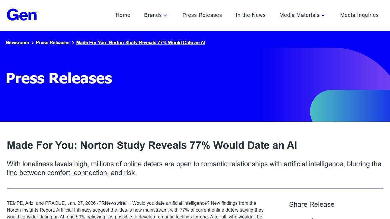 Made For You: Norton Study Reveals 77% Would Date an AI - Jan 27, 2026